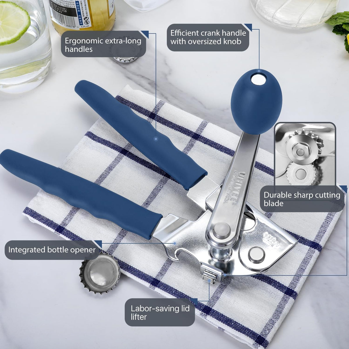 Commercial Can Opener, Uhiyee Hand Crank Can Opener Manual Heavy Duty with Comfortable Extra-long Handles, Oversized Knob