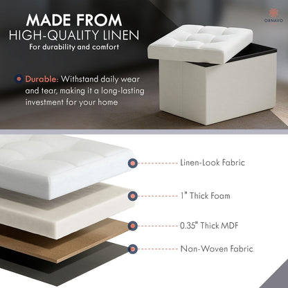 Ornavo Home Small Storage Ottoman Foldable Collapsible Rectangle Linen Ottoman Foot Rest Stool Seat, for Living Room, Bedroom, Home Office, Dorm - 12 x 16 x 12, White