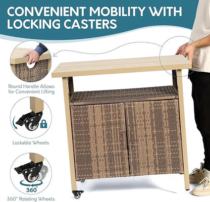 Outdoor Indoor Storage Cabinet with Rolling Wheels, Patio Serving Cart with Bar Table and Wicker Cabinet, Kitchen Island Prep Table, Beige