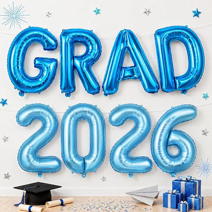 Blue Grad 2026 Balloons, 2026 Graduation Decorations Set Congrats Grad Foil Balloons Banner Sign for Class of 2026 Graduation Decorations College High School Prom Party Backdrop Supplies