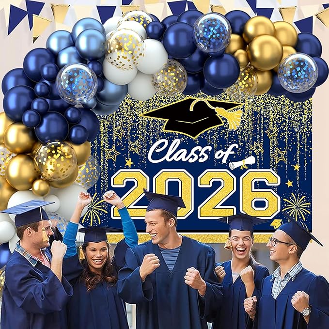 Graduation Decorations 2026, Blue and Gold Balloon Garland Arch, Navy Blue Graduation Decorations with Congrats Grad Tablecloth and Class of 2026 Backdrop for High School College Grad Party Supplies
