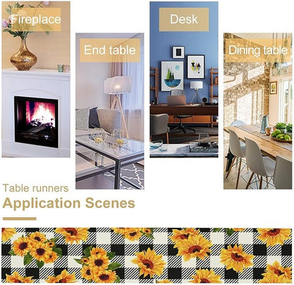 Yellow Sunflower Table Runner, Vintage Farmhouse Black White Sunshine Sunflowers Print for Autumn Farmhouse Home Kitchen Table Decoration,13x60inch