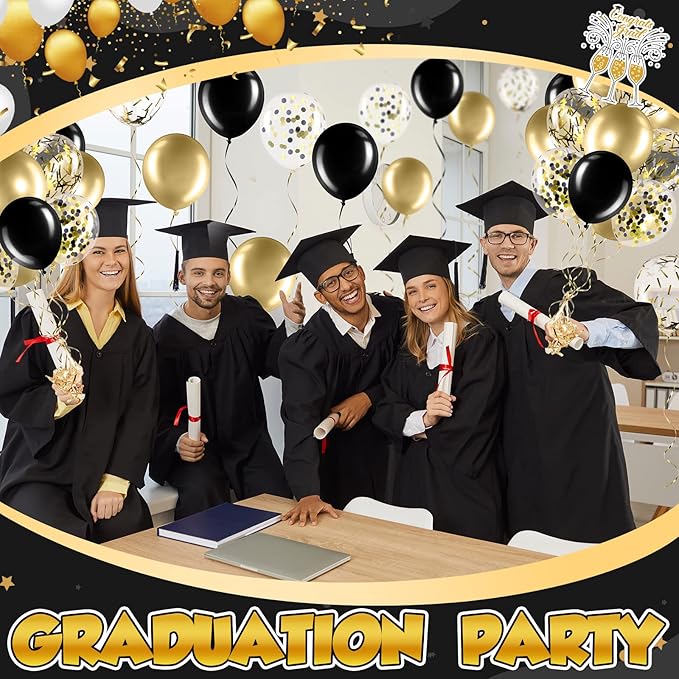 Sratte 60 Pcs 12 Inch Black Gold Balloons Kit Halloween Decorations Confetti Latex Metallic Balloons with 2 Rolls Ribbon Party Favor for Memorial Day, Birthdays
