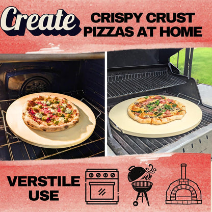 Round Pizza Stone for Oven 16 inch - Large Pizza Stone with Handles, Metal Pizza Peel, Pizza Cutter and Dough Tool - Baking Stone for Oven Bread