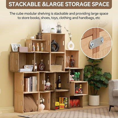KIRIGEN Stackable Wood Storage Cube Organizer with Handle, Modular Open Cubby Bins for Books, Clothes, Toys, Shoes, Bookcase Shelf for Home Office Bedroom Brown C15-DBR
