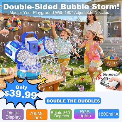 Rechargeable Bubble Machine with Remote Control: 30,000 Bubbles/Min, Type-C, Auto 360° Rotation Bubble Blower with RGB Lights - Creates Magic for Kids Parties, Birthday, Weddings, Outdoor Events