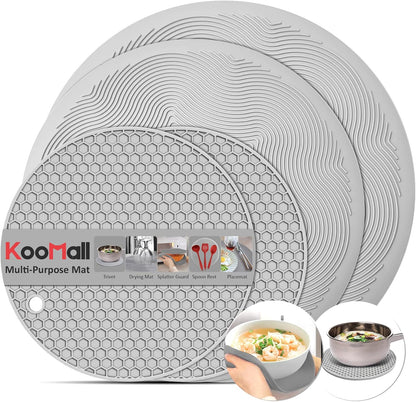 4 in 1, KooMall Trivets for Hot Dishes Pots and Pans & Multi-Purpose Microwave Mat, Silicone Hot Pads for Kitchen Counter, Quartz Countertop Hot Plates Protectors, Heat Resistant, Gray 12'' 10'' 7''