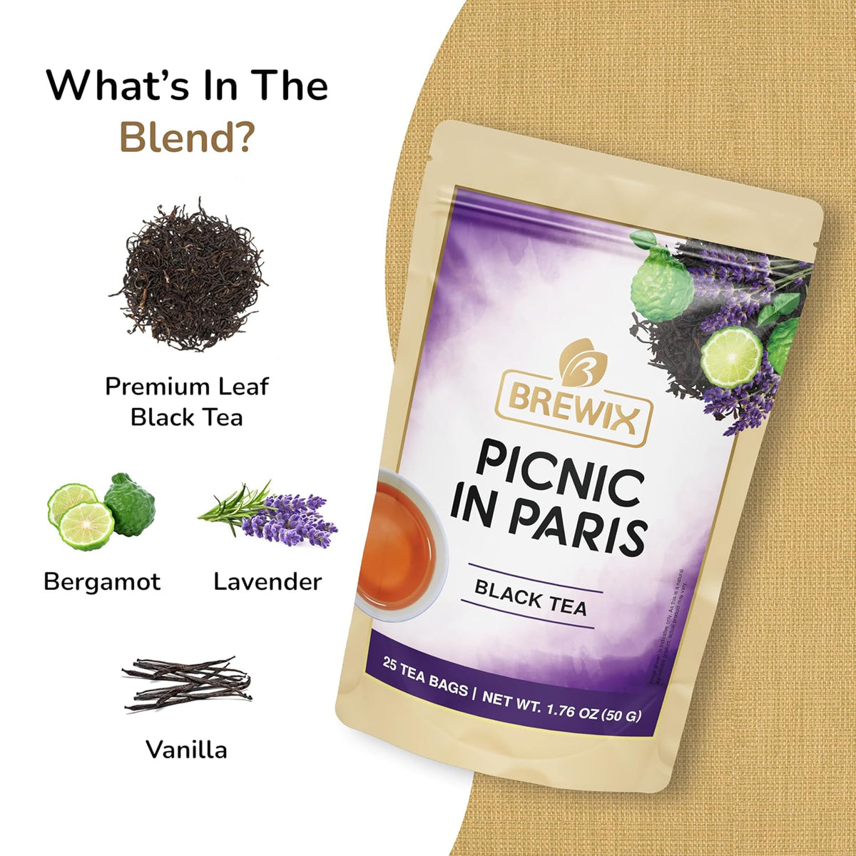 Brewix, Earl Grey with Lavender Tea, Picnic in Paris Black Tea (25 Pyramid Tea Bags), Black Tea with Bergamot, Lavender and Vanilla Notes, Gourmet Tea