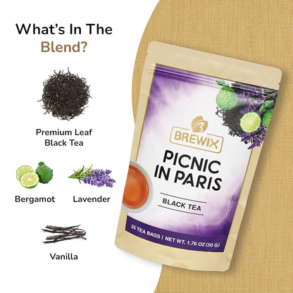 Brewix, Earl Grey with Lavender Tea, Picnic in Paris Black Tea (25 Pyramid Tea Bags), Black Tea with Bergamot, Lavender and Vanilla Notes, Gourmet Tea