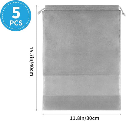 Shoe Bags for Travel, 5 Pcs Large Gray Travel Shoe Bags for Packing, Non-Woven Drawstring Travel Shoe Storage Bag with Clear Window for Men and Women（12.6" X 17.3" ）