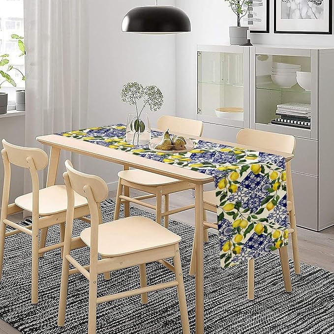 Lemon Fruit Nature Table Runner Farmhouse Talavera Ethnic Folk Rustic Watercolor Blue Dining Table Decoration for Home Holiday Party Dresser Kitchen Cabin Restaurant Wedding Decor 13×70in