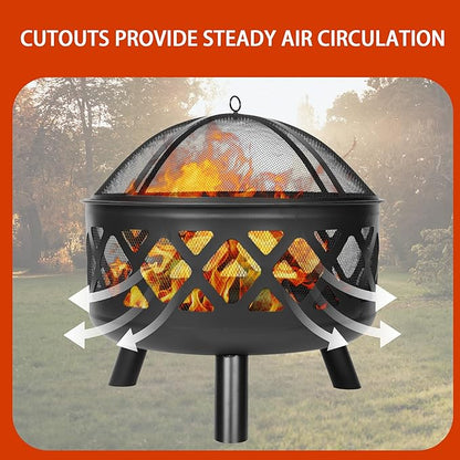 Red Mountain Valley 24'' Outdoor Wood Burning Fire Pit with Spark Screen, Fire Poker, Cover, 2-in-1 Functionality Cross-Woven Steel Fire Pits for Outside, Outdoor Fireplace for Camping,Patio,Backyard