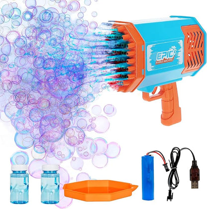 Epic Bubble Machine Gun – Bubble Tray for 69 Bubble Holes – RGB Lighting Effects – USB Rechargeable Battery for Hours of Fun – 2 Bubble Solution Bottles – Outdoor Indoor Toy for Adults Kids