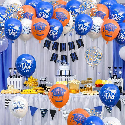 OuMuaMua 75Pcs Graduation Party Decorations Balloons Set - 12 Inch Congrats Grad Navy Blue Orange White Confetti Latex Balloons for Class of 2026 Graduation Birthday Party Decor Supplies