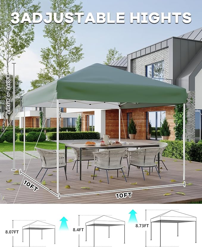 GarveeLife 10x10 Pop Up Canopy with One Sidewalls - Easy Up Camping Tent with One Button Push Setup - 1 Roller Bag, 3 Adjustable Height, 4 Weight Bags for Deck, Garden, Sports, Beach, Party (Green)