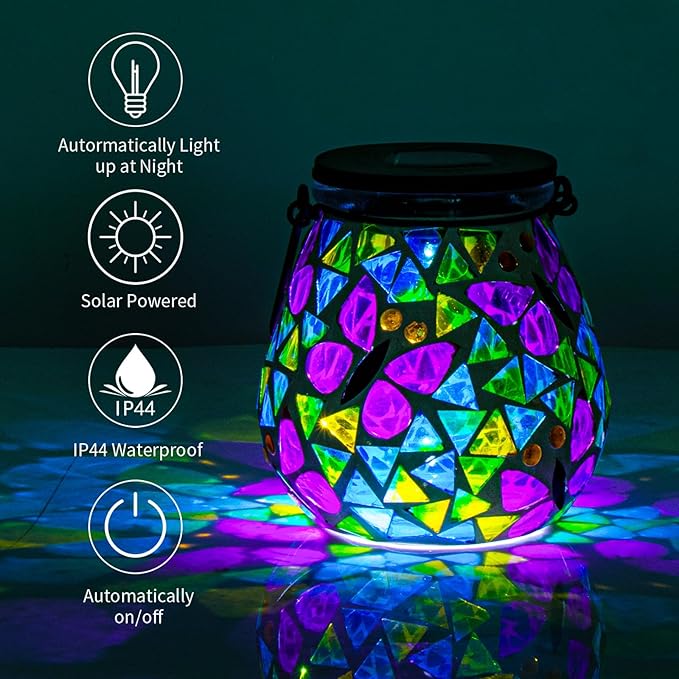 Afirst Mosaic Solar Lanterns - Glass Hanging Lights Butterfly Hollow Out Waterproof Outdoor Decorative for Garden, Patio, Holiday Party Outdoor Decoration, 1 Pack