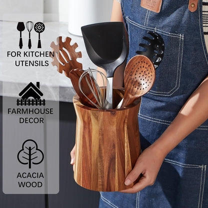 Wooden Utensil Holder for Countertop, 360° Rotating Kitchen Utensil Holder, 7.2"x 6" Large Acacia Wood Crock, Farmhouse Kitchen Decor