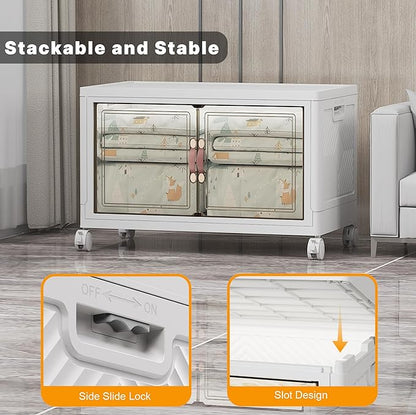 UAMFURI Stackable Storage Bins with Lids & Wheels & Door, Foldable Collapsible Closet Organizers, Extra Large Plastic Storage Drawers for Bedroom Dorm Office Garage (White-175QT, 1Pack with 1 top lid)