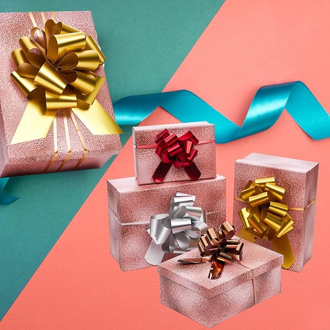UNIQOOO Assorted Gift Wrap Pull Bow Set of 48, Medium 4'' Large 6'', Bulk for Gift Wrapping Basket Box Bag Décor, Valentines Day Wedding Birthday Christmas Anniversary, Metallic Rose Gold Red Sliver