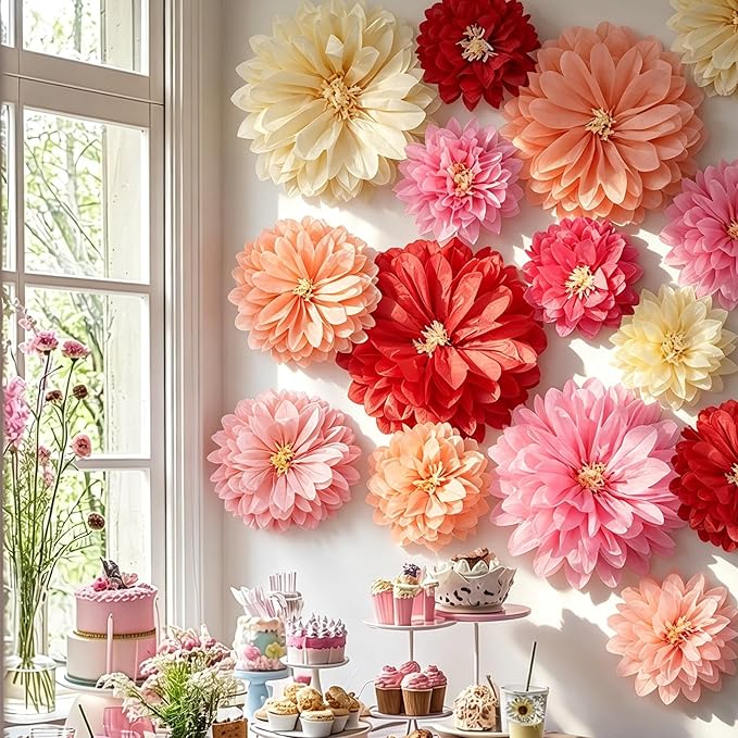 Geyee 18 Pcs Mexican Paper Flowers Colorful Fiesta Tissue Paper Flowers Pom Poms Mexican Carnival for Floral Party Backdrop Wedding Birthday Party Craft(Pink Series,10" 12" 14")