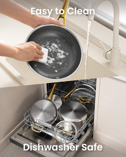 Gold Pots and Pans Set, Hybrid Hammered Stainless Steel, 10PC Nonstick Kitchen Cookware Sets w/Frying pan, Non Toxic, Oven Safe & Compatible with All Stovetops