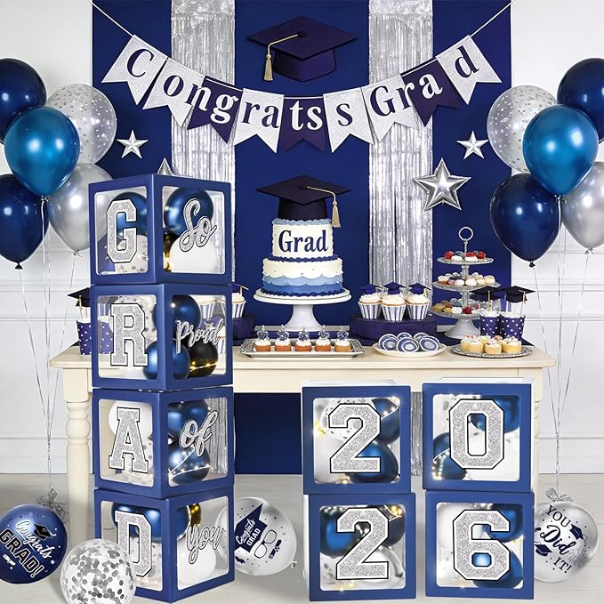 Navy Blue and Silver Graduation Decorations 2026 - Balloons Boxes with Letters 2026 GRAD So Proud of You, Congrats Grad Party Decorations for Any Grades