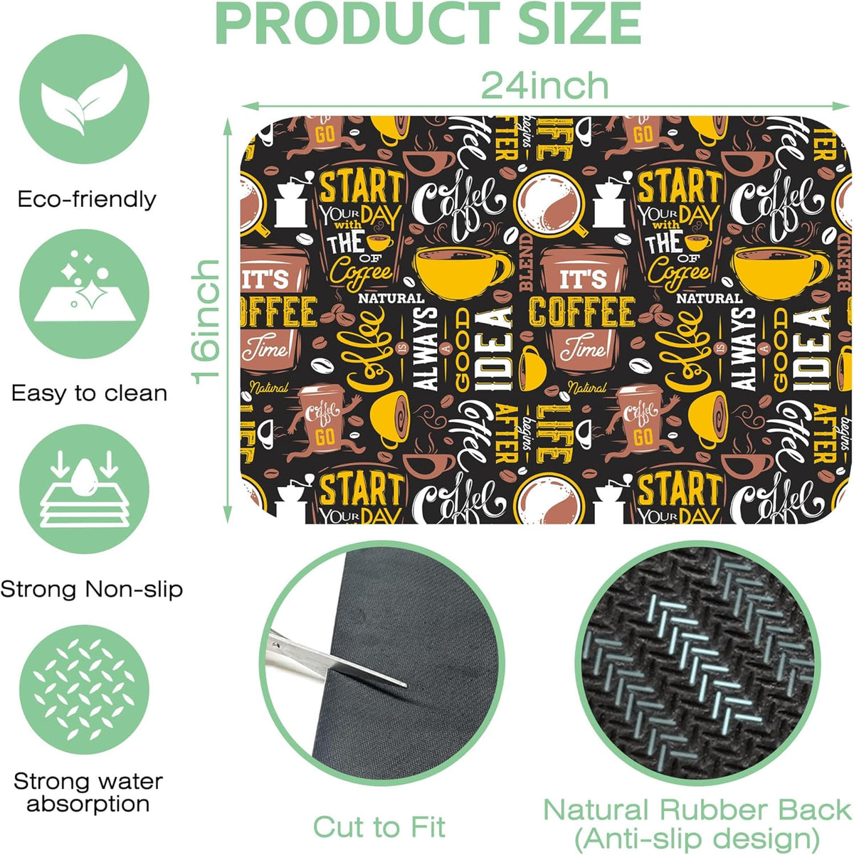 Coffee Dish Drying Mat,16"X24" Absorbent Fast Dish Drying Mat for Kitchen Counter Pot and Pan, Kitchen Accessories