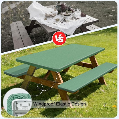 Picnic Table Cover with Bench Covers Windproof Waterproof Picnic Table Covers Camping Tablecloth with Self-Storage Bag, 72in, Sage