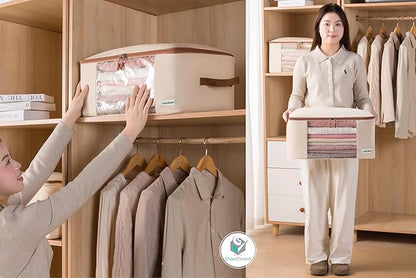 Chaos Cleared Canvas Storage Bags Designer Organizer for Clothing 2 Pack – Clothes Organizers for sweaters, clothing, garment, bedding, quilt, linens, large bag with zip & window, mothproof