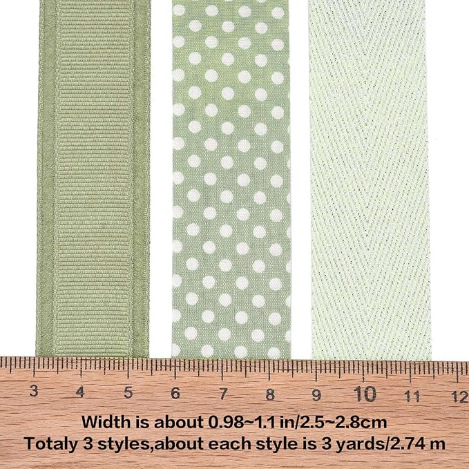 BEEFLYING 3 Styles Green Wire Edged Ribbons Wrapping Decoration 25~28mm×2.7m Spot Satin Ribbons for Wedding Party Decoration Hair Bows Flower Designs Sewing and Craft, 9 Yards