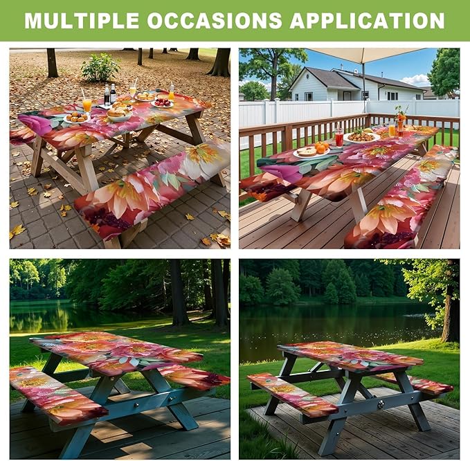 ANNA QUEEN 6FT Red Flowers Spring Picnic Table Cover with Bench Covers Picnic Table Cover Set 3PCS 72"x30", Outdoor Bench and Tablecloth Furniture Protection