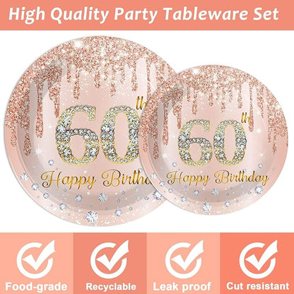 ZOIIWA 96 Pieces 60th Birthday Party Tableware Set for Pink Rose Gold 60th Paper Table Decorations Supplies Pink Rose Gold Happy 60 Birthday Dessert Plates Napkins Forks for 24 Guests Women Supplies