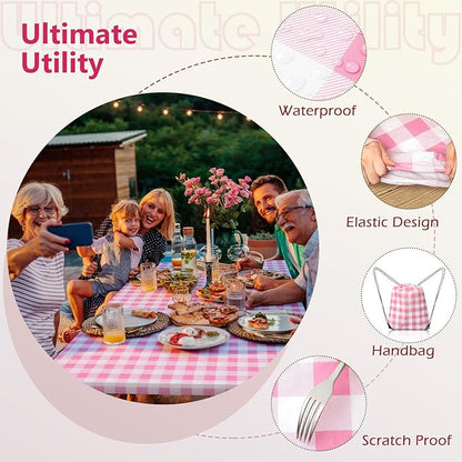 Picnic Table Cover with Bench Covers and Bag, Camping Table Camping Essentials Cover with Elastic Edges(Pink)