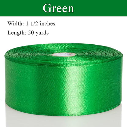 YASEO 1 1/2 Inch Green Solid Satin Ribbon, 50 Yards Craft Fabric Ribbon for Gift Wrapping Floral Bouquets Wedding Party Decoration