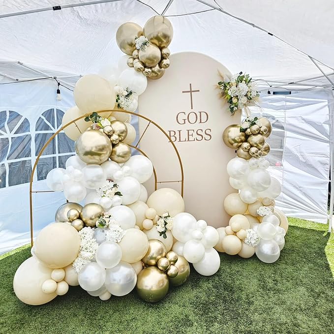 First Communion Balloon Garland Kit 153Pcs, Baptism Balloon, White Sand Gold Nude Bautizo Balloons Arch Kit for First Holy Communion Baptism God Bless Christening Party Birthday Supplies