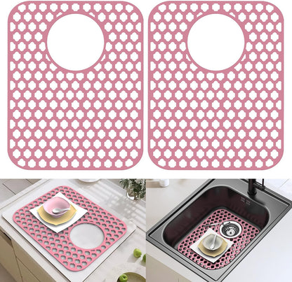 2 Pack Silicone Sink Protector for Kitchen Sink Bathroom, 13.58"x 11.6" Sink Mat Non-Slip and Durable Silicone Protectors, Rear Drain, Pink
