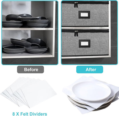 Quilted Platter Storage Case 2PACK-Fine China Storage Containers Hard Shell for Organizing,Stackable Plate Storage Containers with 8 Felt Dividers,dinnerware Storage,Moving Box,Moving Supplies