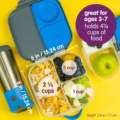 b.box Mini Lunch Box, Bento Box for Kids, Snack Container with 2 Leak Proof Compartments, Reusable Snack Containers with Lids, Kids Lunch Boxes Ages 3+, BPA Free, 4 1/4 Cup Capacity (Indigo Rose)