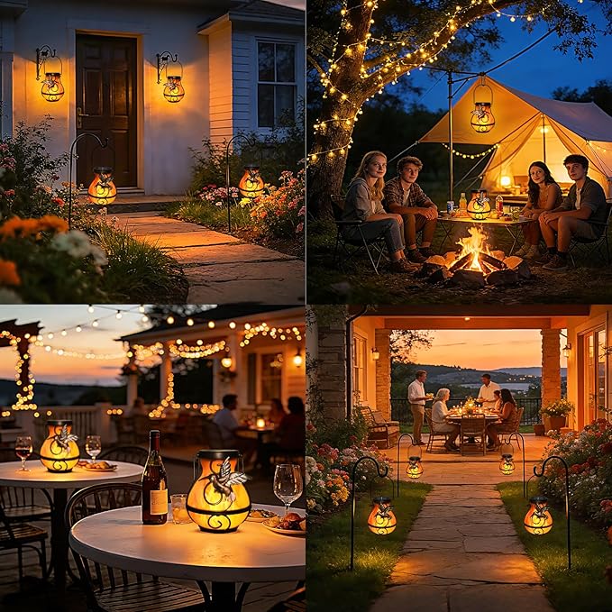 2 Pack Solar Lanterns Outdoor Waterproof Flickering Flame Light Hummingbird Hanging Solar Powered Lantern for Yard Patio Porch Outdoor Garden Decor Women Friend Teachers Appreciation Gifts