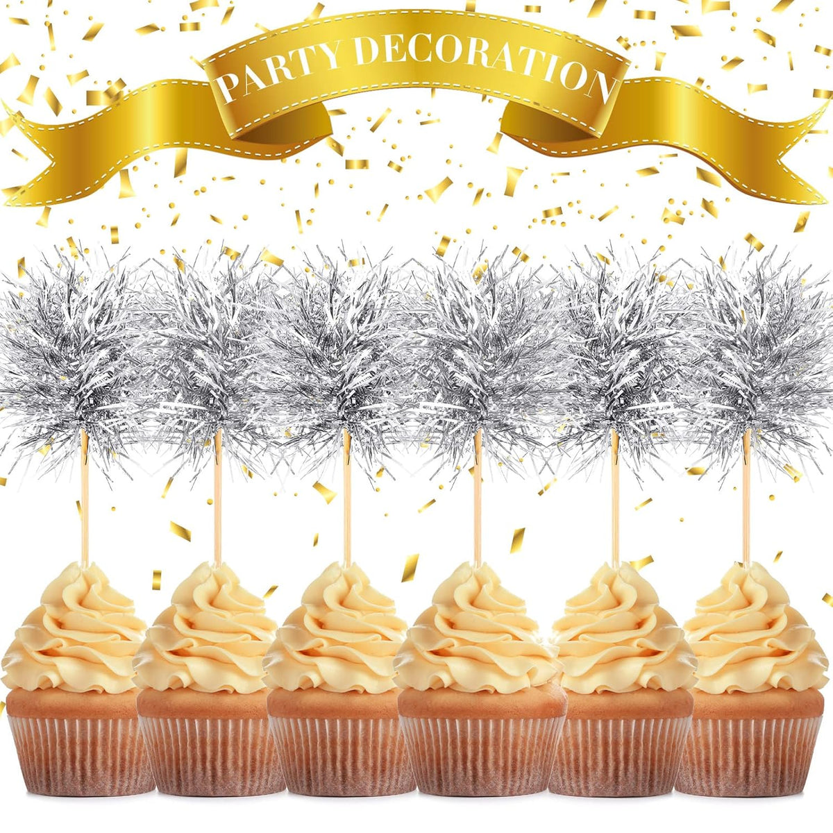 Chinco 100 Pcs Foil Firework Cupcake Toppers Sparkle Tinsel Cake Toppers Cake Decoration Cocktail Fruit Toothpick for Birthday Wedding Graduation Party(Silver)