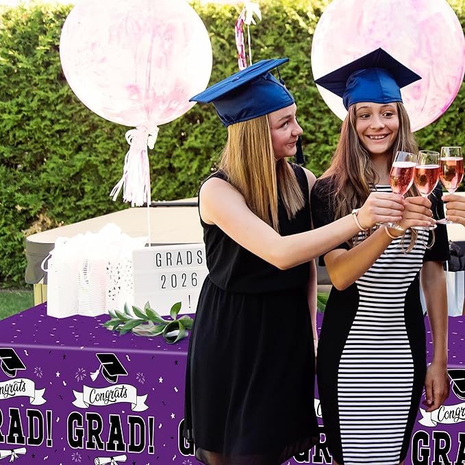 2 Pcs Graduation Tablecloth, 108" X 54" Plastic Graduation Decorations 2026, Rectangle Purple Table Cloths for Grad Decor Party Supplies, Disposable Tablecover for Class of 2026 Congrats Grad for kids