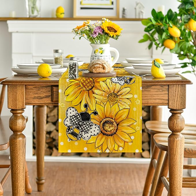 Artoid Mode Sunflower Bee Flower Polka Dot Summer Table Runner, Seasonal Kitchen Dining Table Decoration for Indoor Party Home 13x36 Inch