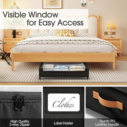Yecaye 60L Under Bed Storage with Wheels, 2 Pack Under Bed Storage Containers, Underbed Shoe Storage with Clear Window & Label, Rolling Under Bed Metal Drawer for Clothes, Shoes, Books, Black