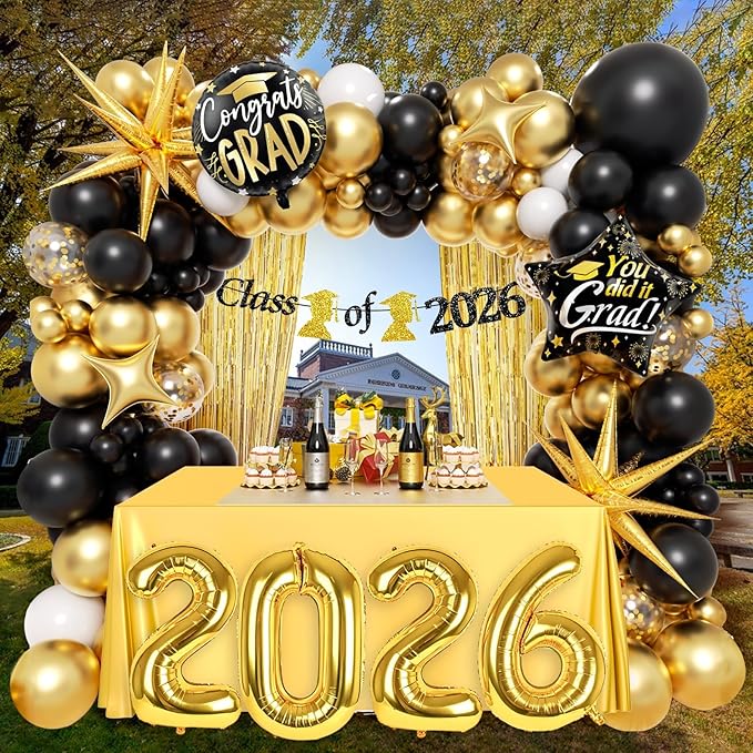 Black and Gold Graduation Decorations with Gold Confetti Black White Balloons Gold Fringe Curtain Banner for Graduation Decorations 2026