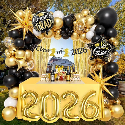 Black and Gold Graduation Decorations with Gold Confetti Black White Balloons Gold Fringe Curtain Banner for Graduation Decorations 2026