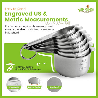 Spring Chef Stainless Steel Measuring Cups Set of 7 with Pour Spout - Nesting Kitchen Tools with Easy Read Markings to Measure Dry or Liquid Ingredients - Metal Measuring Cups for Baking & Cooking