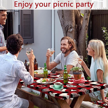 Valentines Day Picnic Table Cover with Bench Covers, Camping Essentials, Heart Buffalo Plaid Outdoor Table Covers, Waterproof Windproof, Fitted Tablecloth Cover with Elastic Edge, 3 PCS, 30x60 Inch