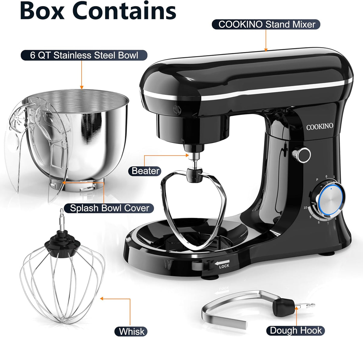 Electric Stand Mixer,10 Speeds Tilt-Head Food Mixer, 3-IN-1 Kitchen Mixer for Daily Cooks with Dishwasher-Safe 6QT Bowl,Dough Hook, Beater, Whisk (Onyx Black)