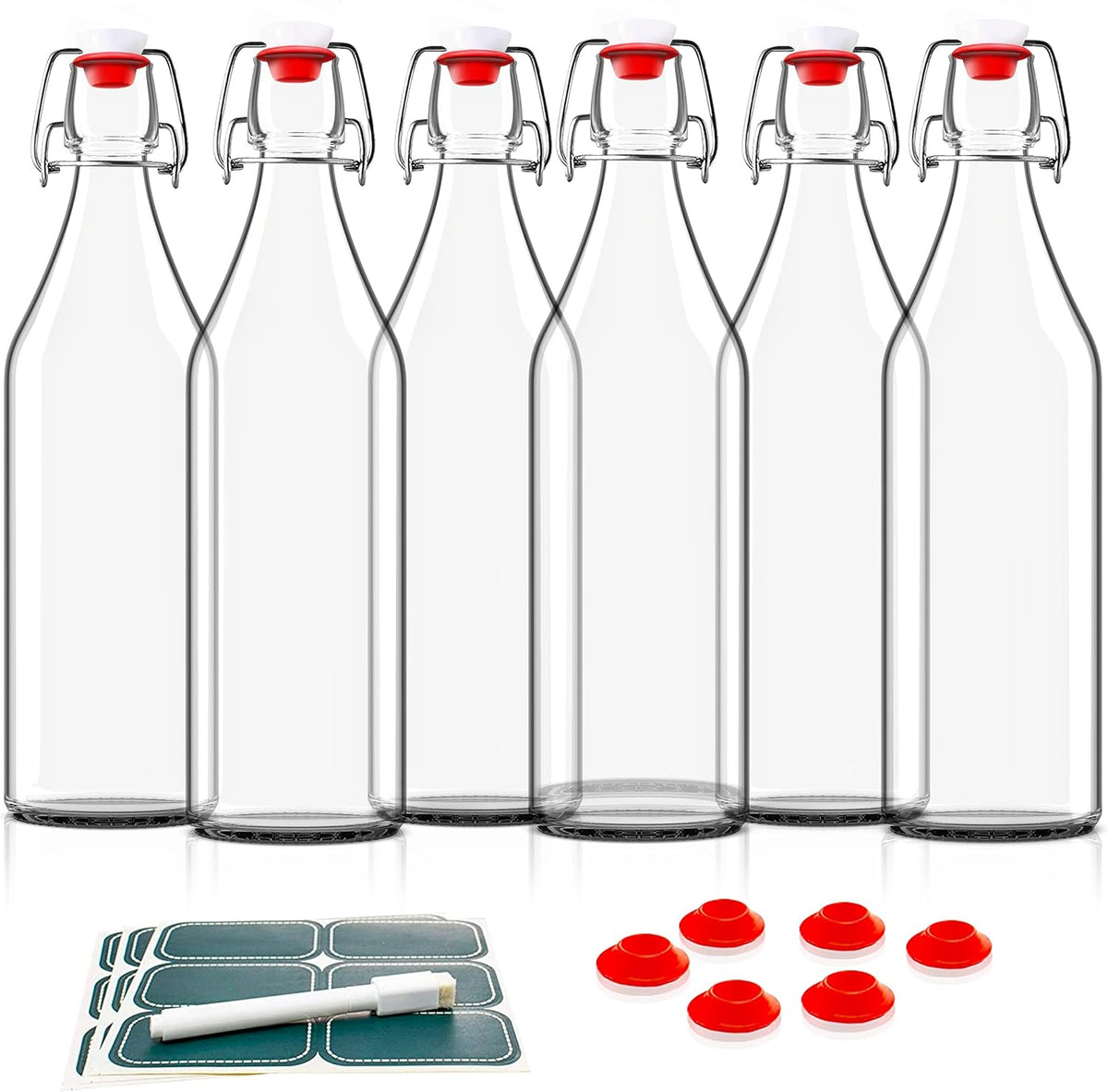 Otis Classic Swing Top Glass Bottles - Set of 6, 16oz w/Marker & Labels - Clear Bottle with Caps for Juice, Water, Kombucha, Wine, Beer Brewing