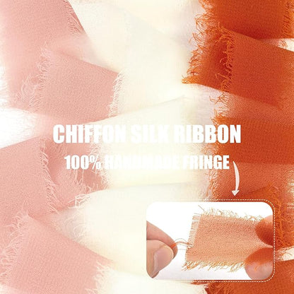 Terracotta Chiffon Ribbon 1 Inch x 21Yds Handmade Fringe Chiffon Silk Ribbon Dusty Pink/Cream Frayed Chiffon Ribbon for Thanksgiving Wedding Invitation Flower Bouquets Bridal Shower Gift Wrapping